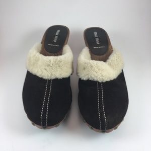 Mui Mui Prada Dark Brown Suede Clog Mule Shearling